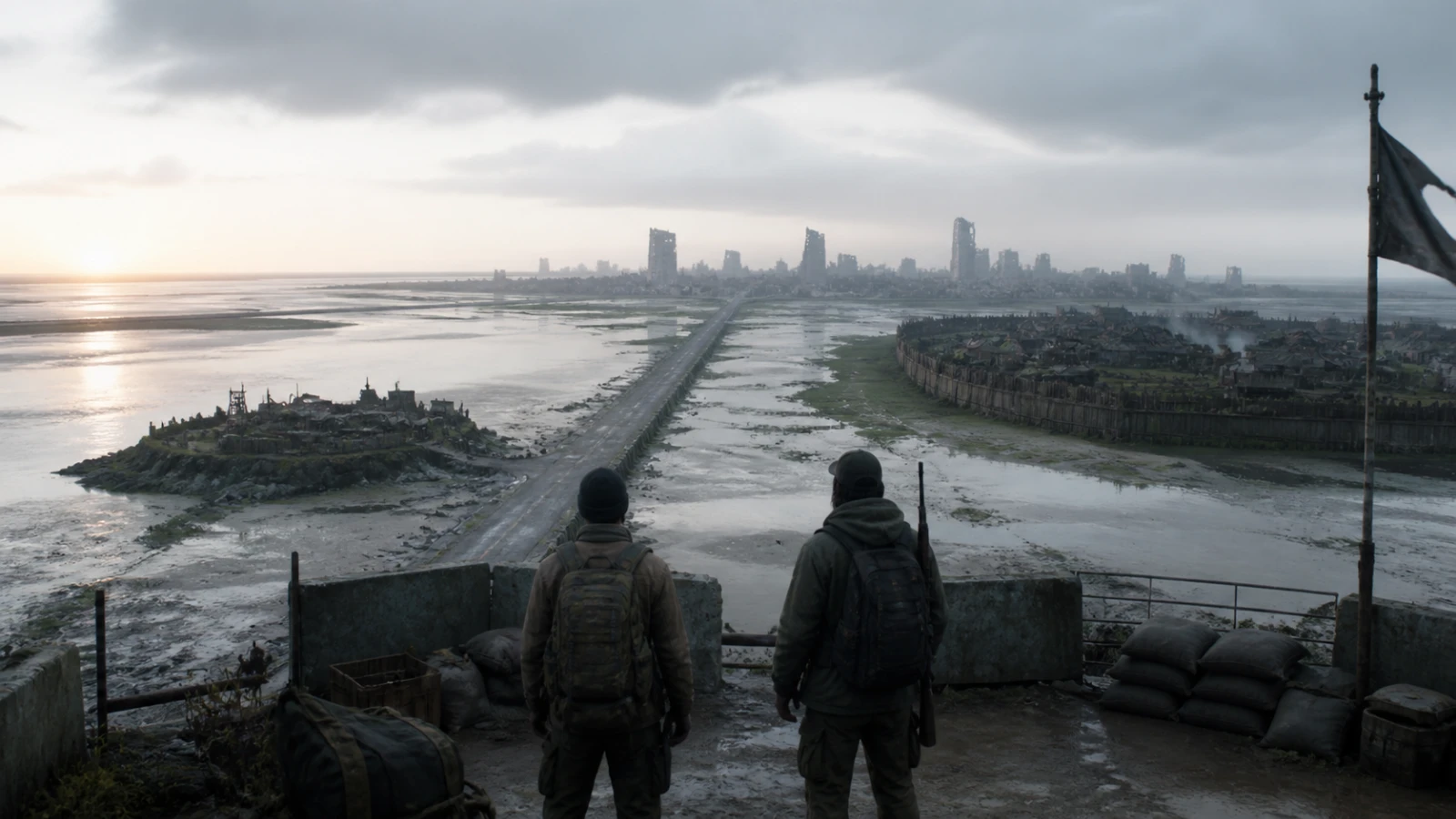 Two anonymous scouts overlook a tidal causeway joining an isolated settlement to an abandoned mainland