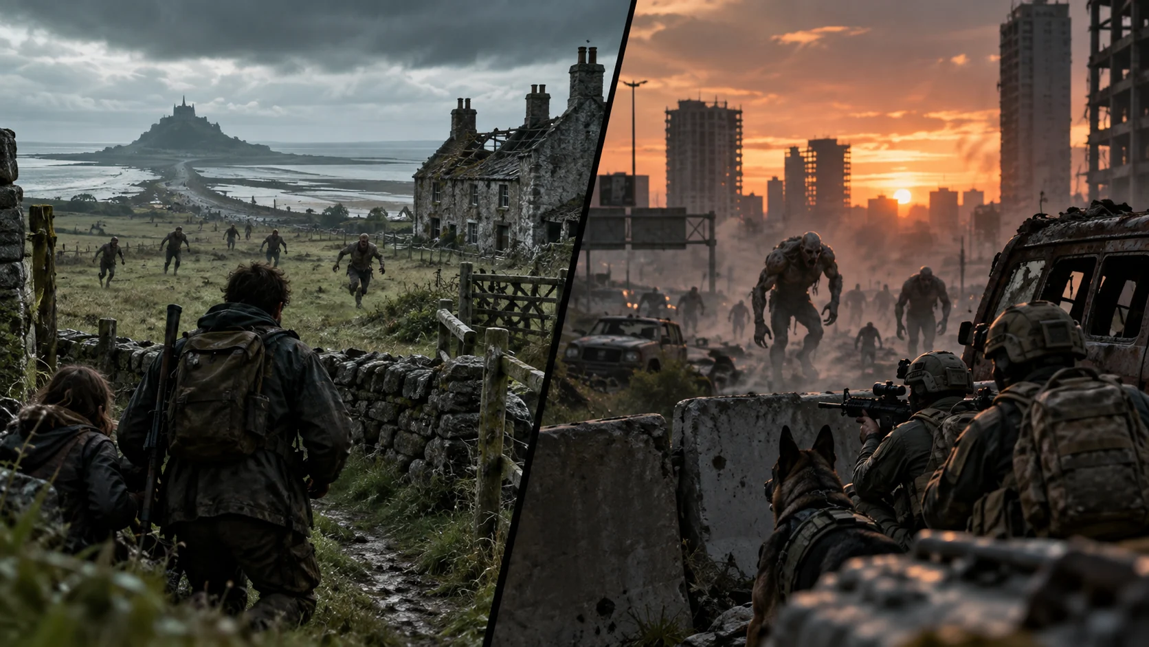 Original photorealistic split-scene showing two styles of fast-infected apocalypse in a devastated modern city.