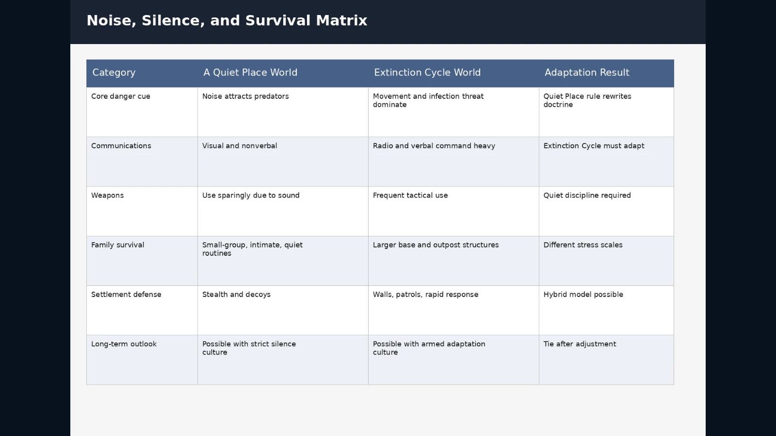 Comparison matrix for danger cues, communications, weapons, family survival, settlement defense, and long-term outlook