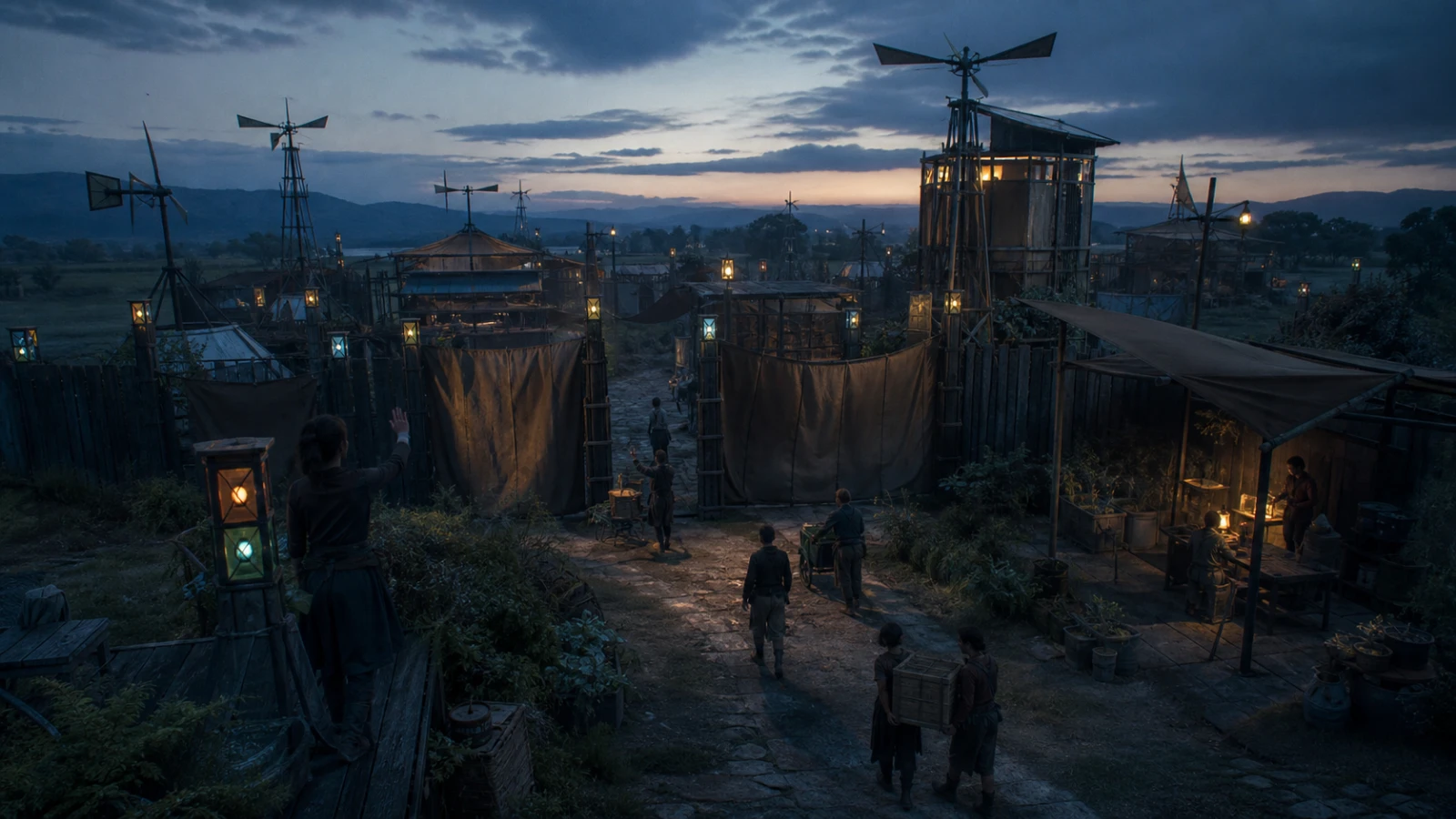 A rural fortified community uses hand signals, soft paths, wind power, and shielded signal lights at dusk
