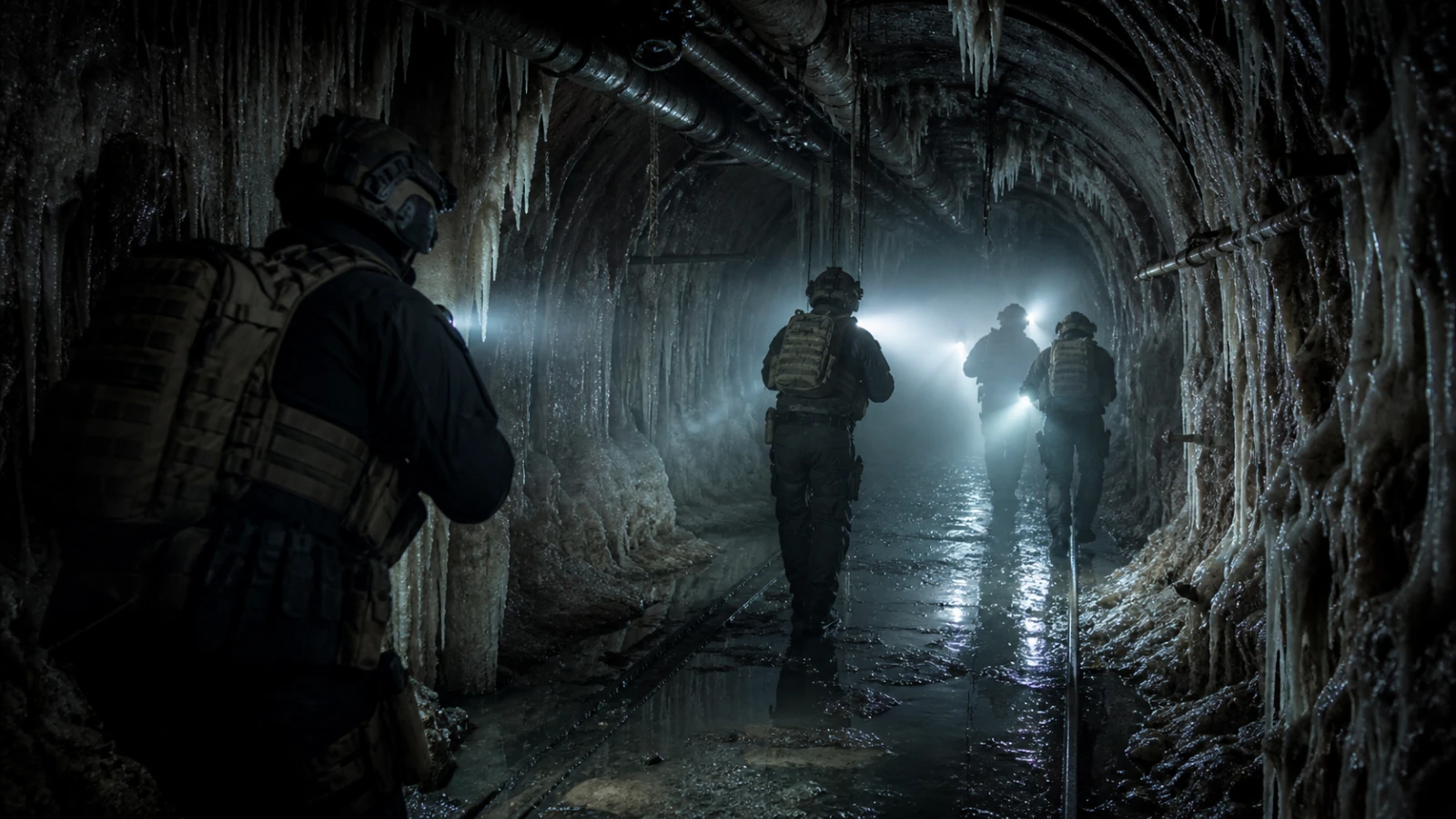 An anonymous tactical team advances cautiously through a flooded underground industrial passage