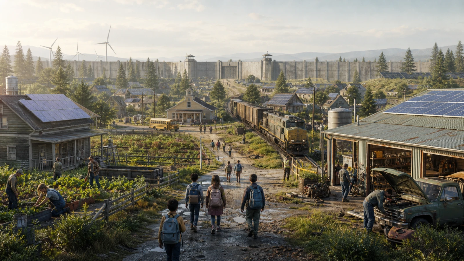 Children, farmers, mechanics, a freight train, renewable power, and homes function inside a guarded reconstructed settlement