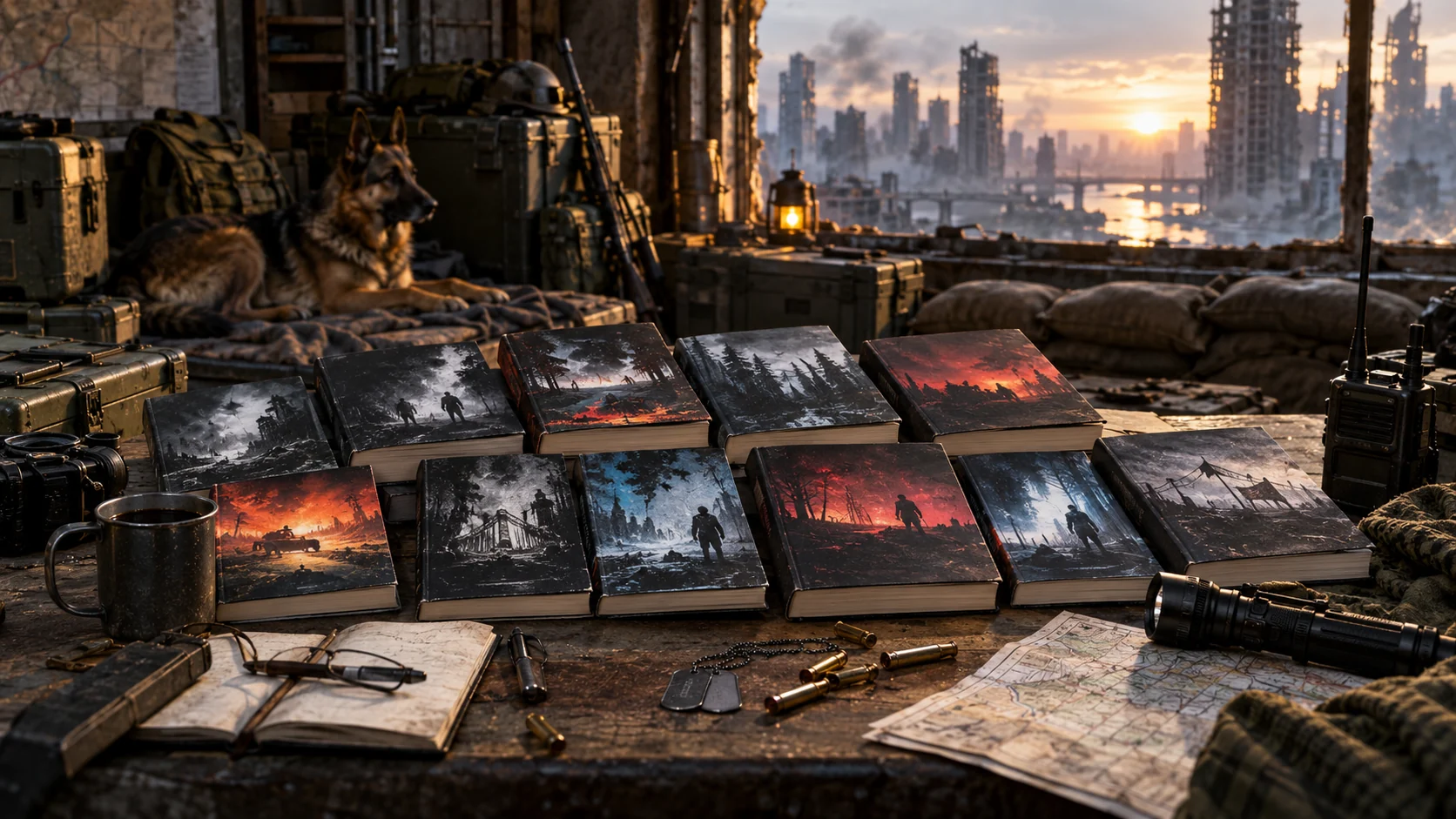 Original photorealistic wartime intelligence table representing the major eras and campaigns of the Extinction Cycle saga.