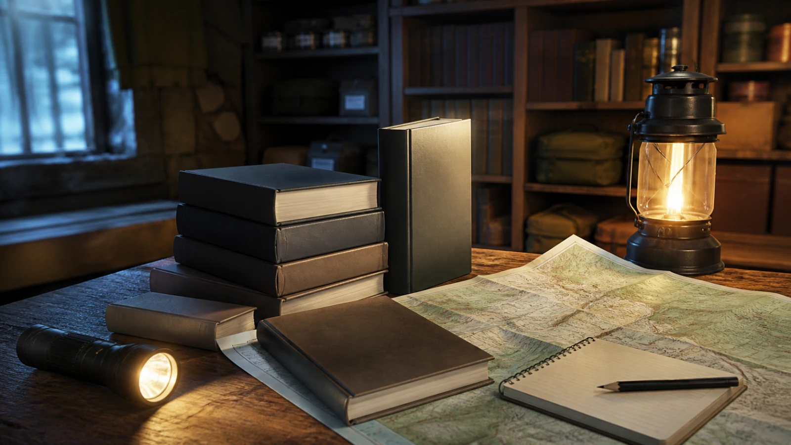 Blank-spine survival novels, a topographic map, flashlight, lantern, and reading notebook on a weathered table