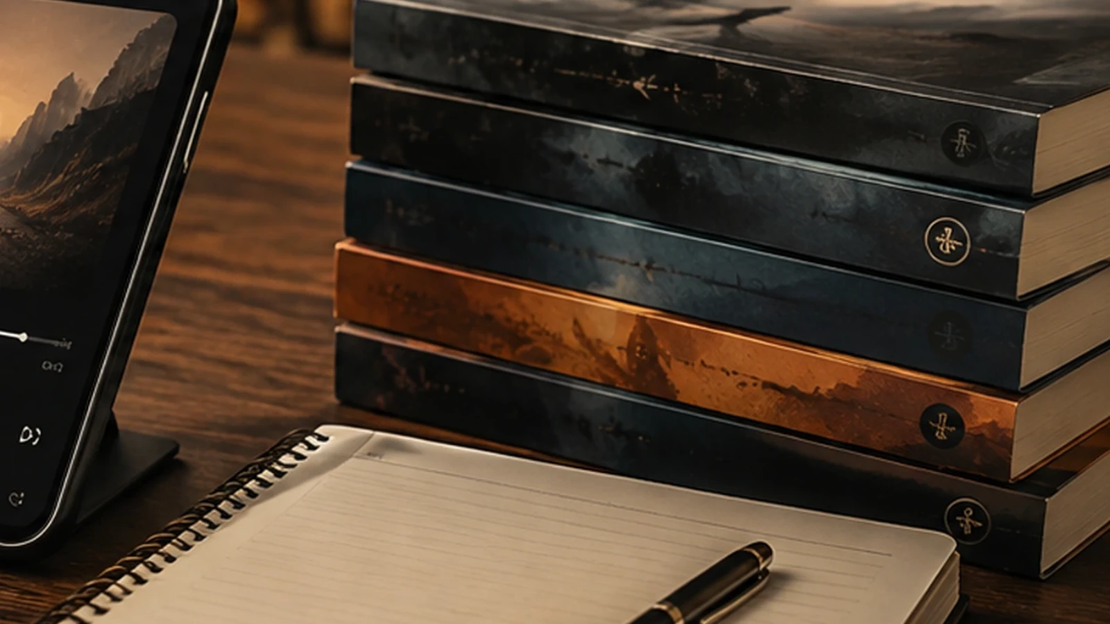 A generic stack of unbranded books prepared for an apocalypse-fiction reading list