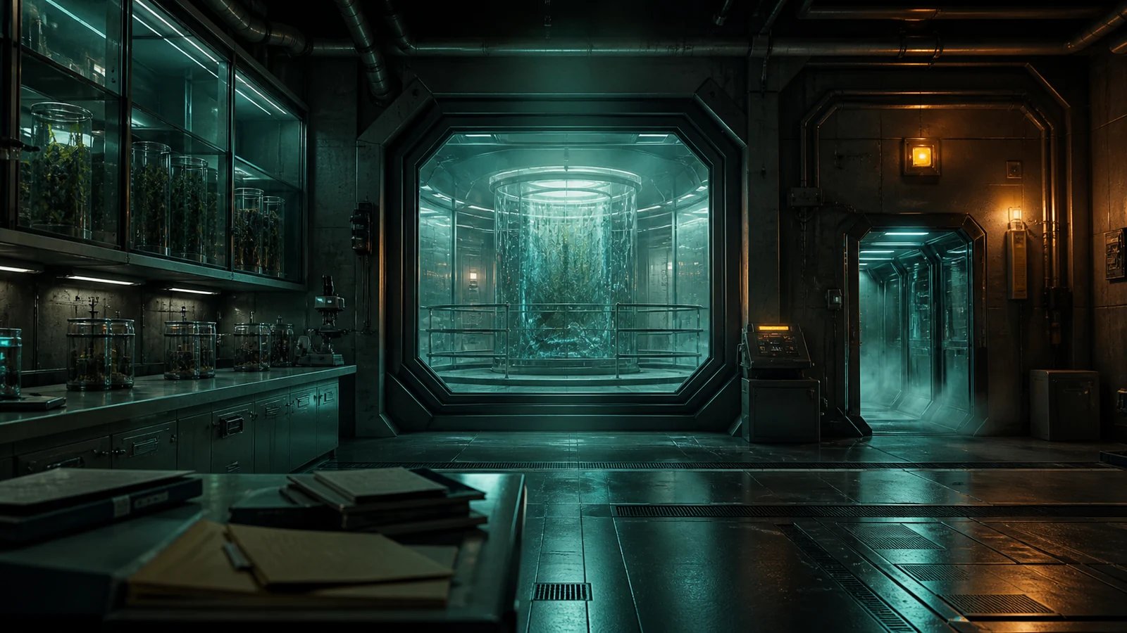 An original fictional underground military laboratory with a sealed central containment chamber under teal and amber emergency lighting