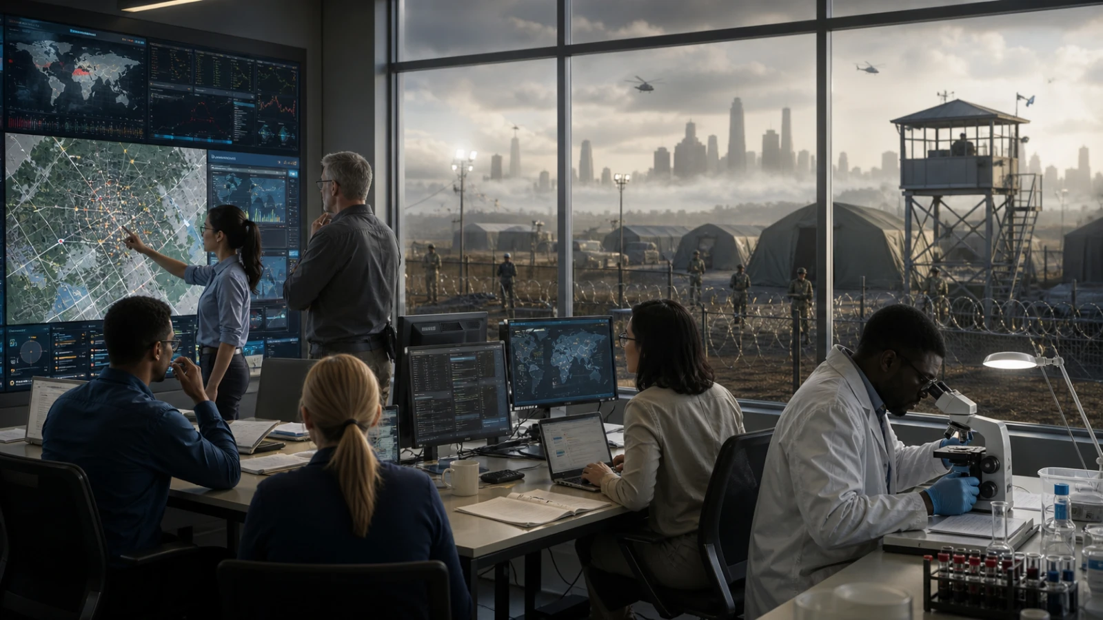 A public-health emergency operations team works beside a distant fictional military quarantine perimeter