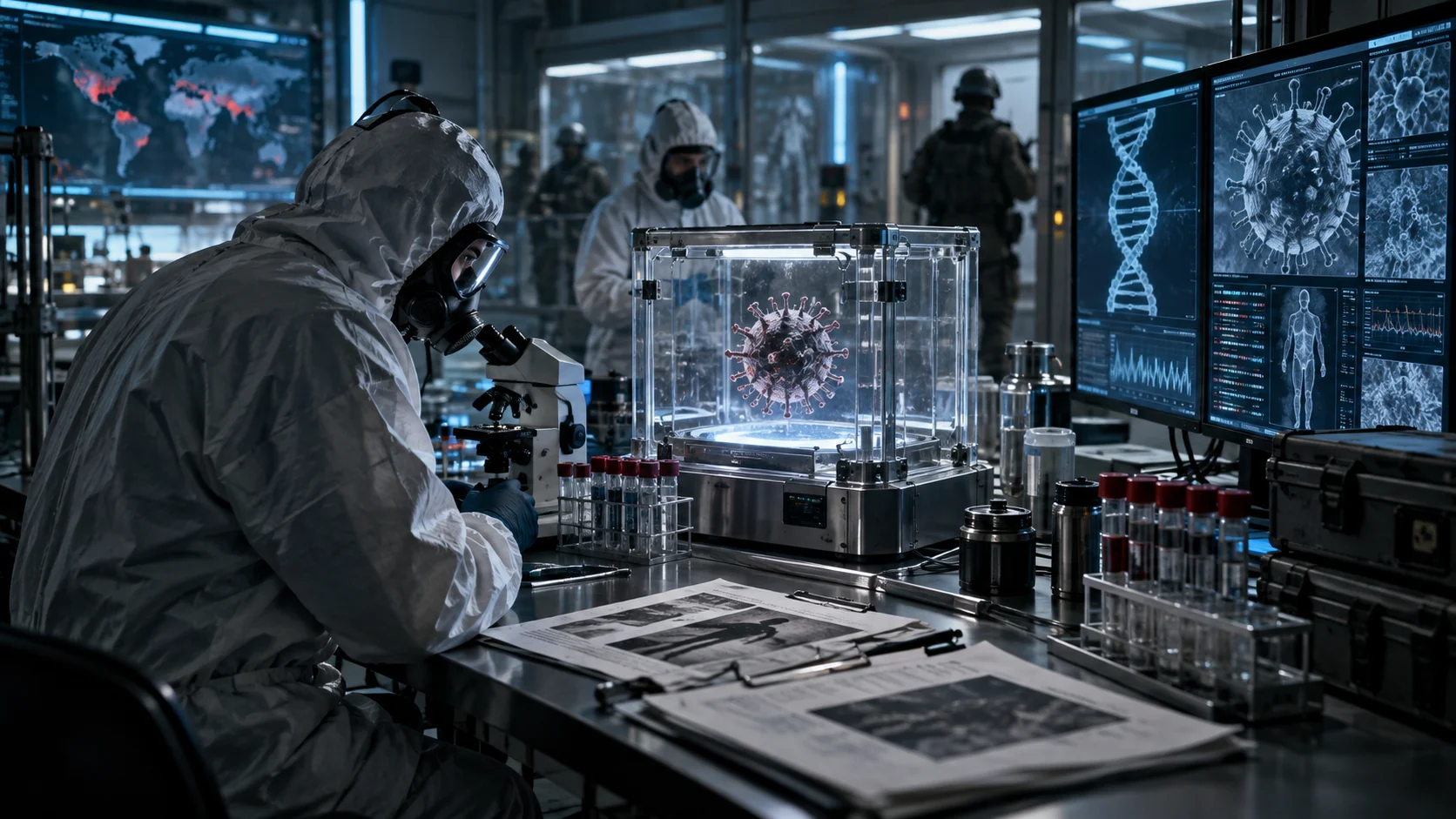 Original photorealistic biohazard laboratory scene illustrating fictional pathogen research, genetic analysis and containment.