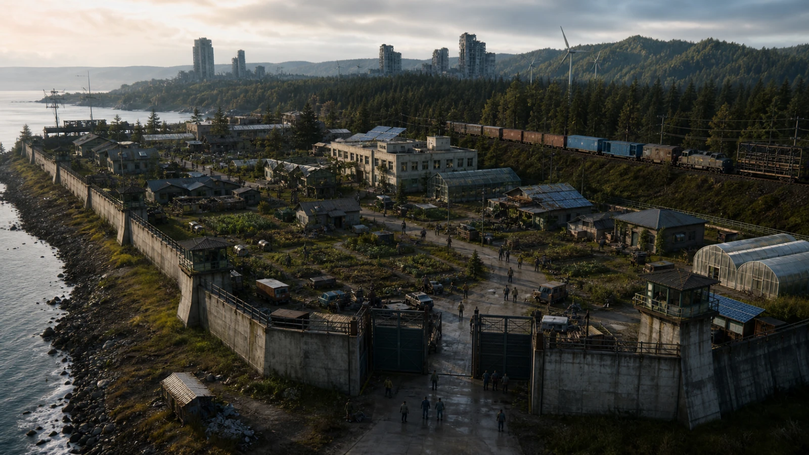 A rebuilt coastal settlement contains walls, homes, a school, greenhouses, rail transport, renewable power and working residents below distant ruins