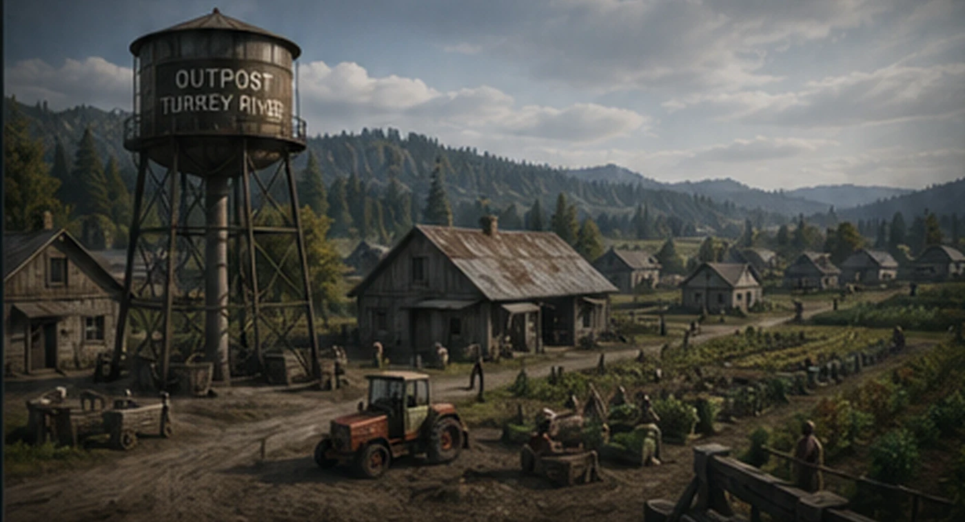 An agricultural postwar outpost uses guarded infrastructure, wind power, tractors and organized fields to support reconstruction