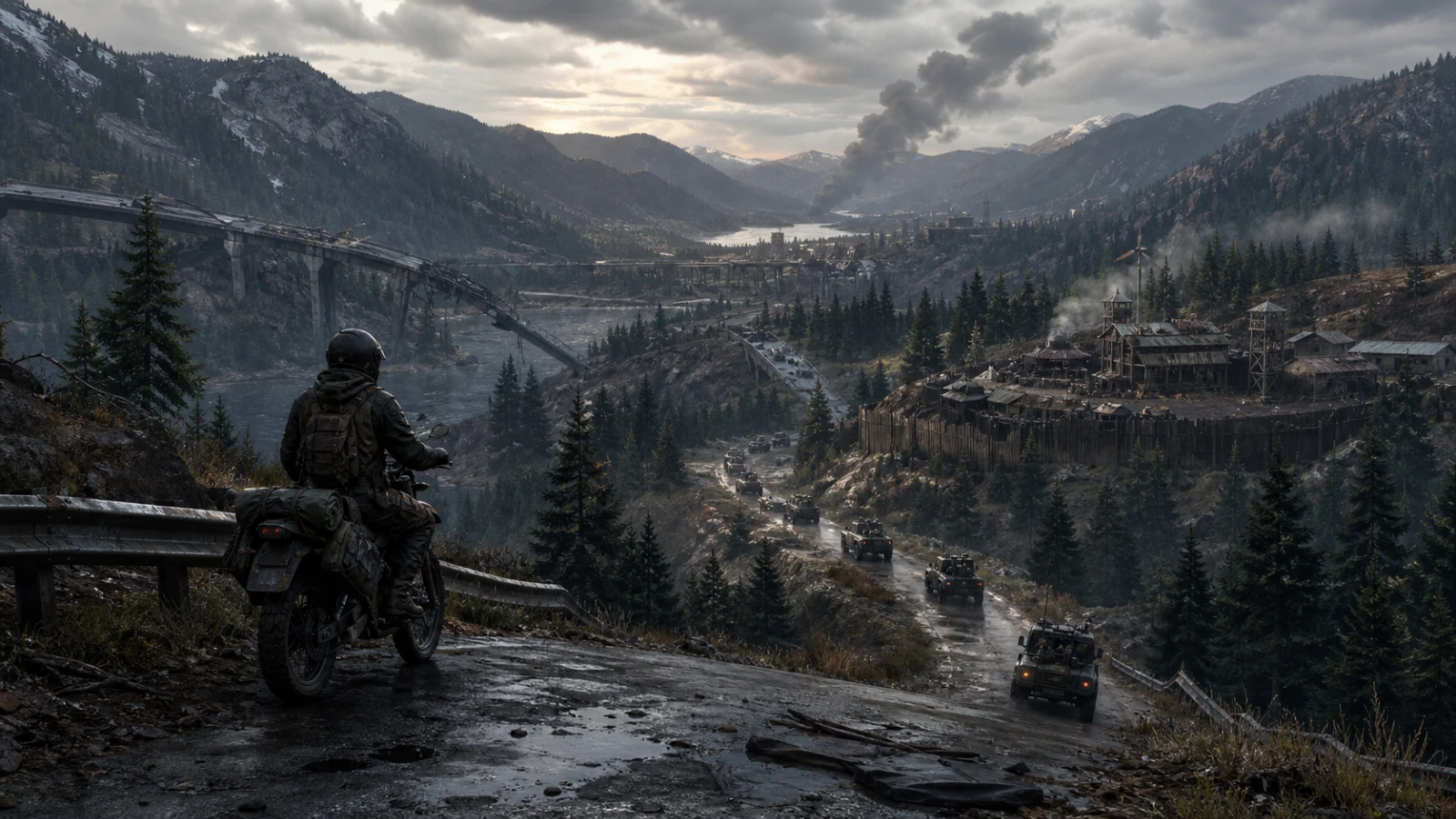 An anonymous motorcyclist watches a coordinated convoy travel toward a fortified mountain community