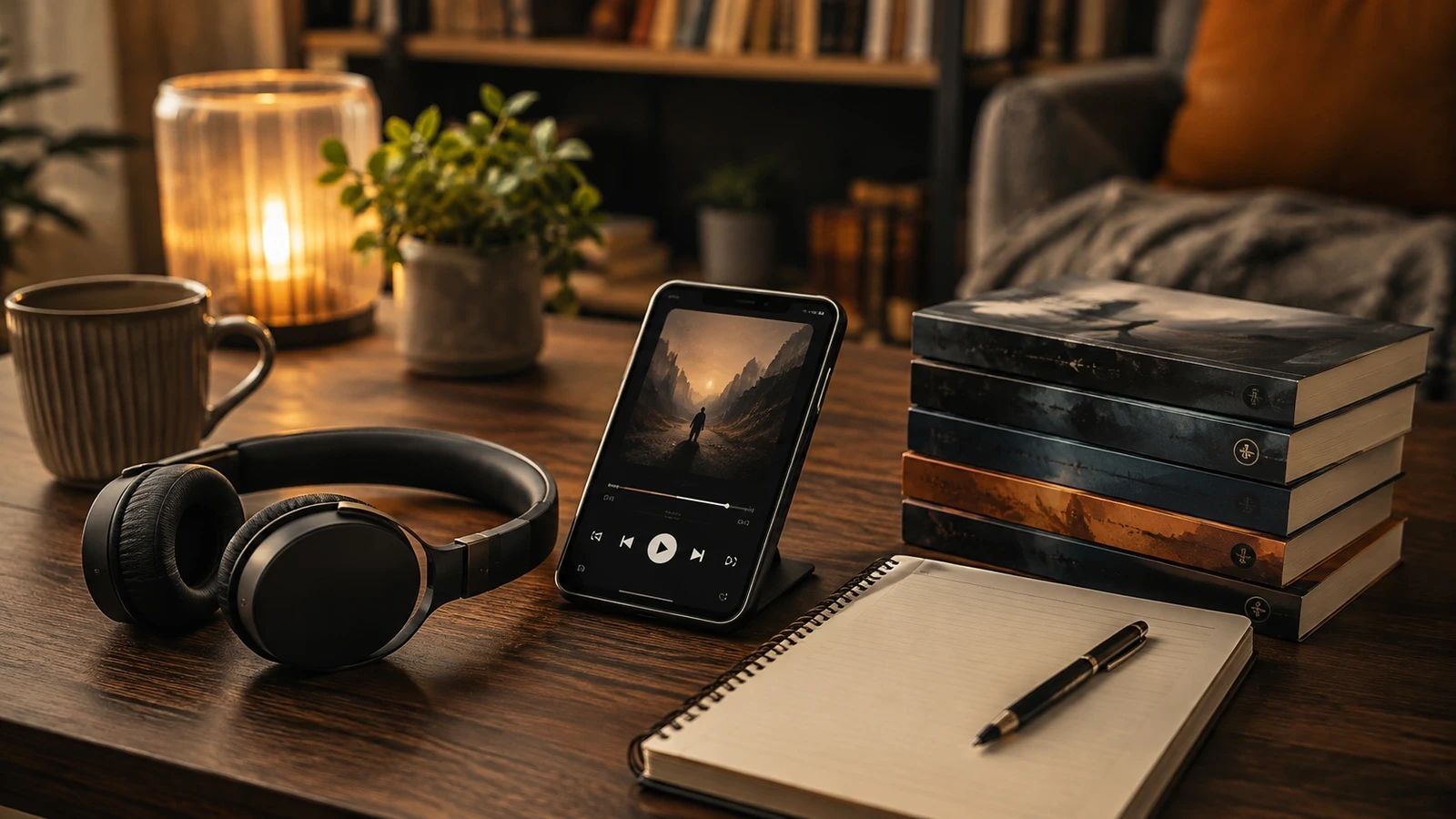 An unbranded audiobook listening setup with headphones, notebook, and a fictional survival map