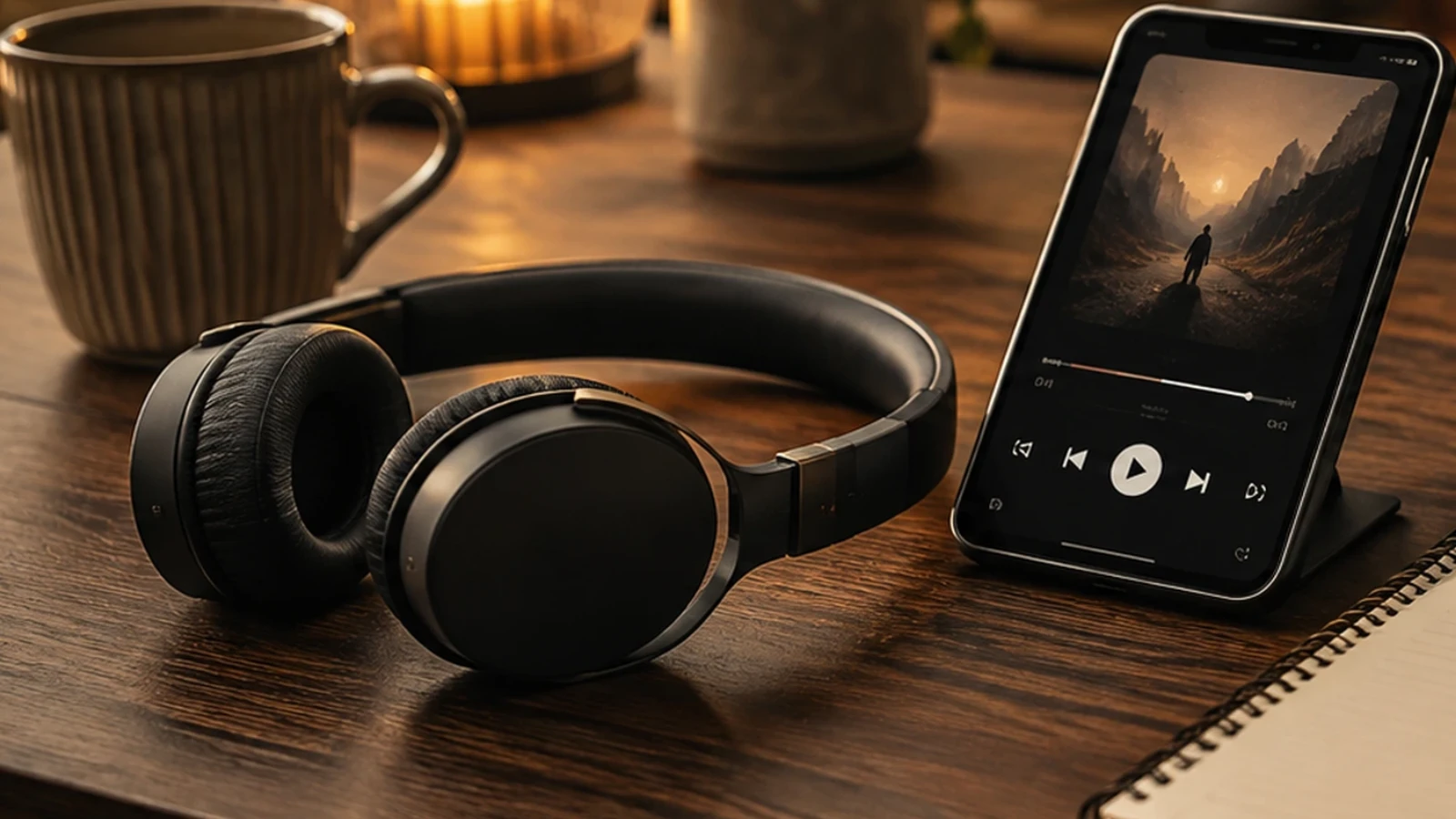 Close view of an anonymous listener using headphones beside a notebook and audio controls