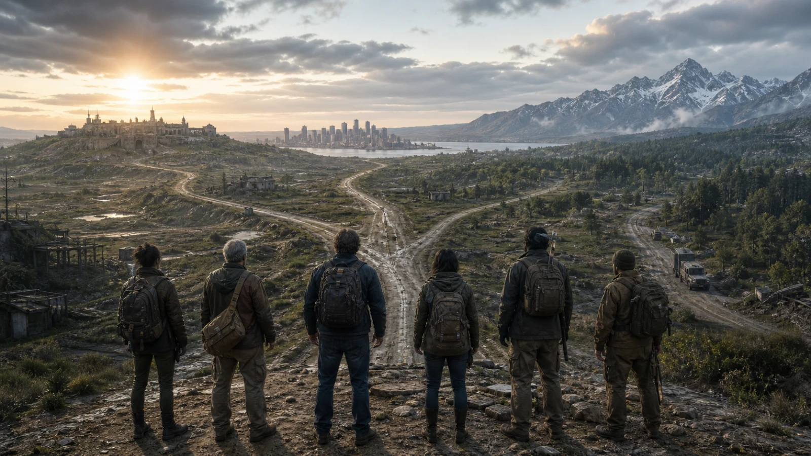 Original generic survivors face branching roads leading toward different post-apocalyptic regions and futures