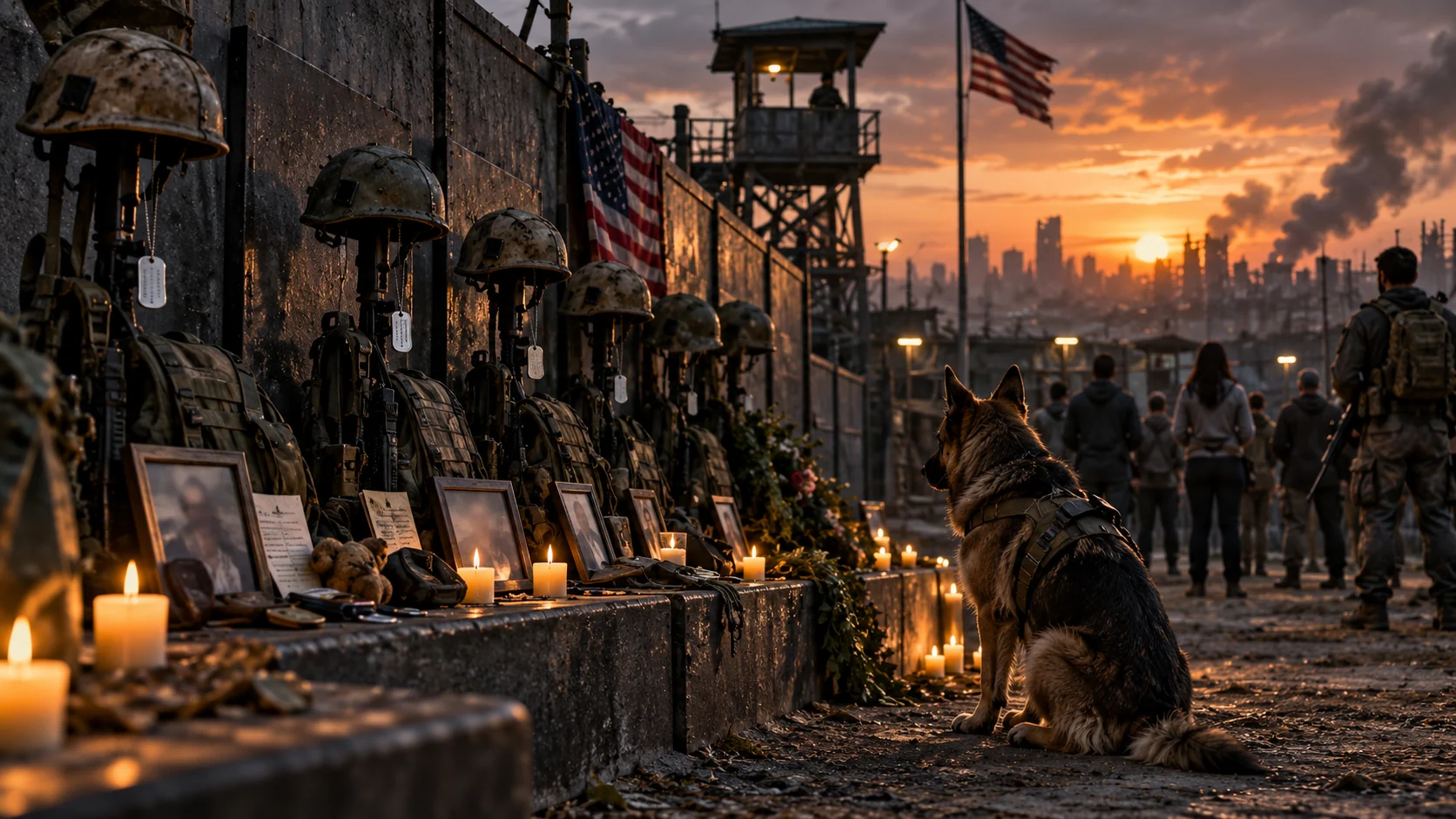 Original photorealistic memorial scene honoring fallen soldiers and civilians in a post-apocalyptic military settlement.