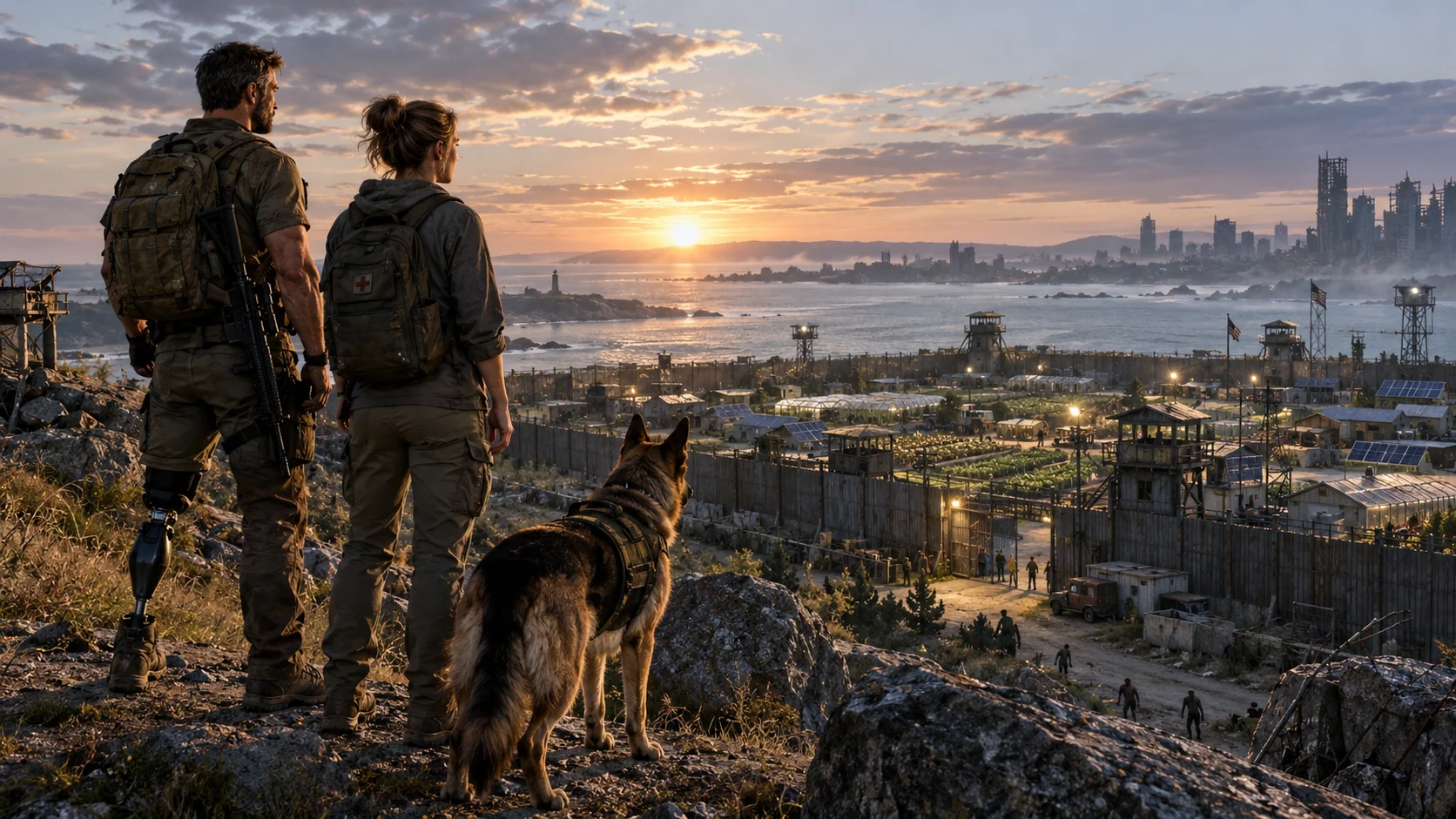 Original photorealistic post-apocalyptic reconstruction scene with a veteran survivor overlooking a recovering coastal outpost.