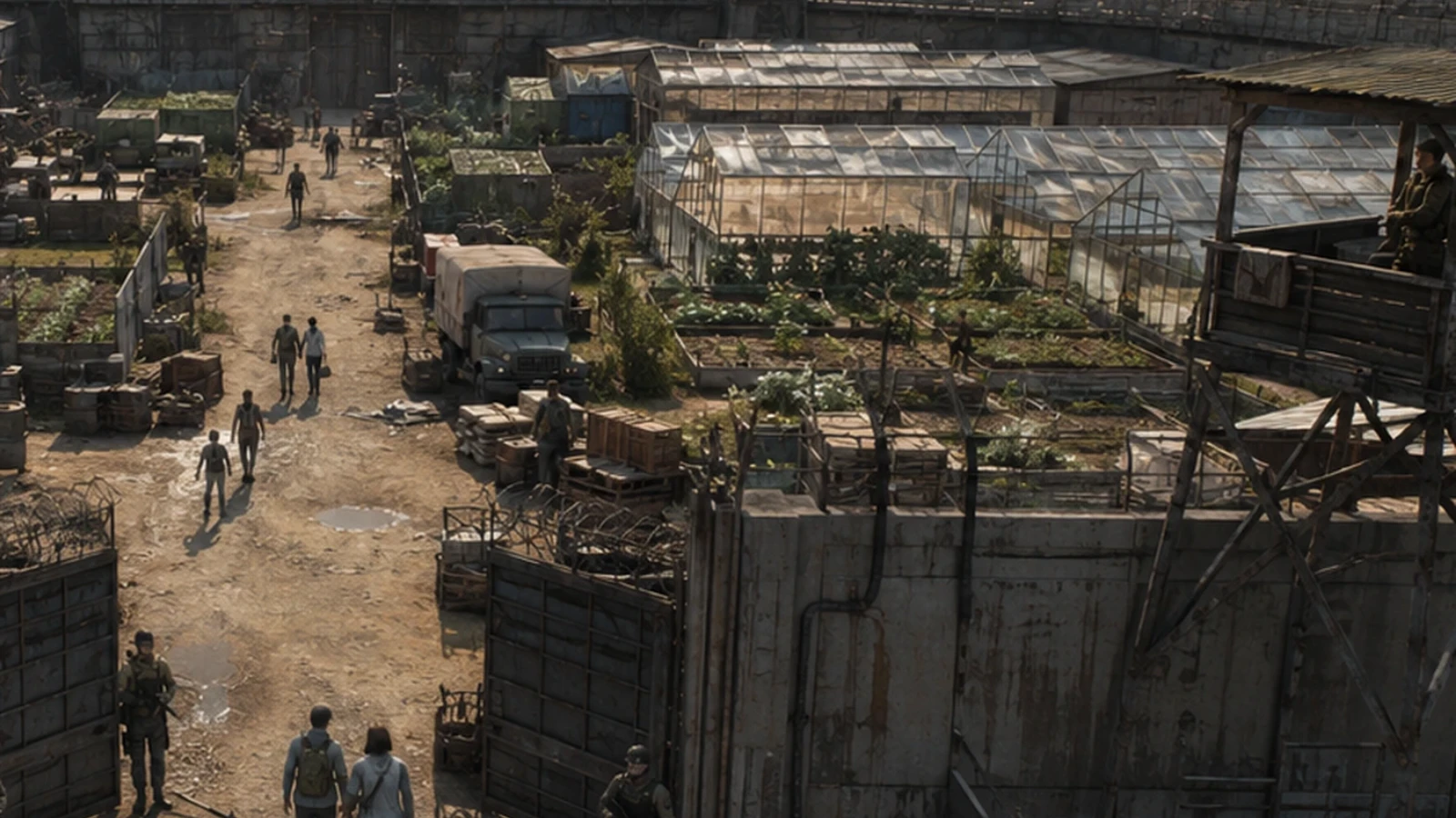 A rebuilt Allied States outpost with farms, walls, and survivors at sunset