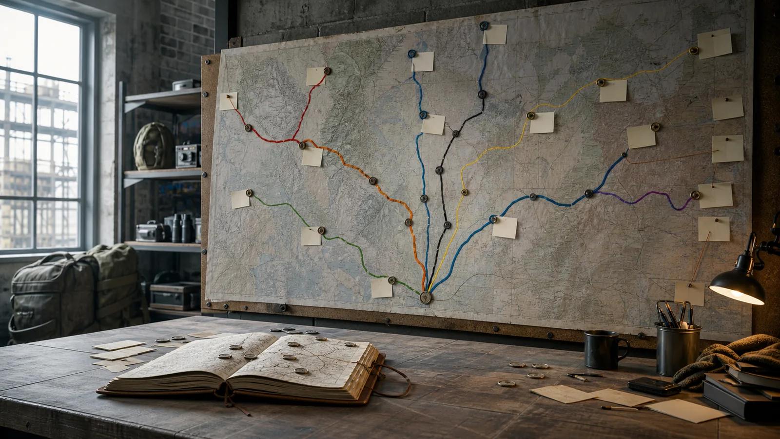 A fortified operations-room map with several colored routes branching from one common starting point