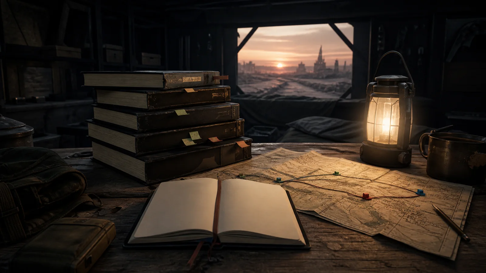 A weathered stack of unbranded survival books beside an open notebook, route map, and lantern in a fortified reading room