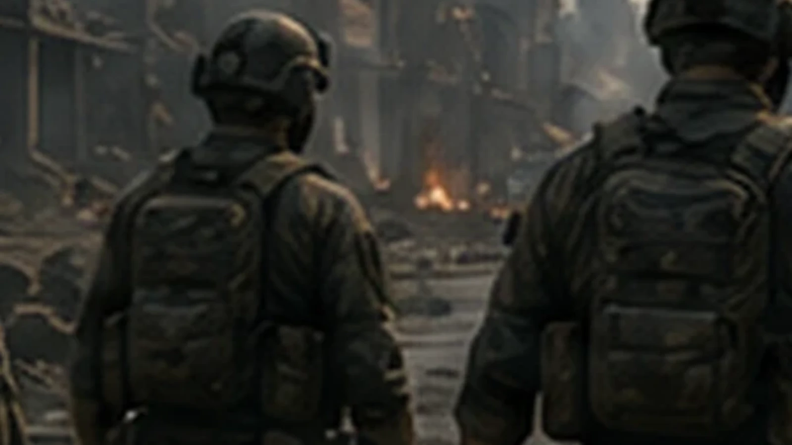 Generic special-operations team advances through a ruined city during the Variant war