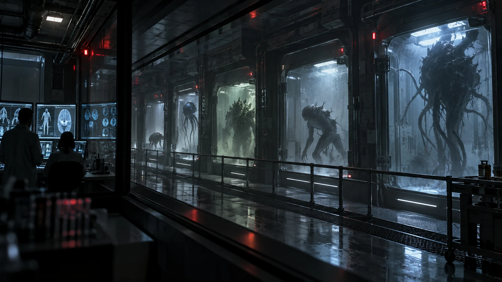 Original editorial illustration of a secure containment corridor used to compare distinct fictional threat archetypes without depicting a canon scene.