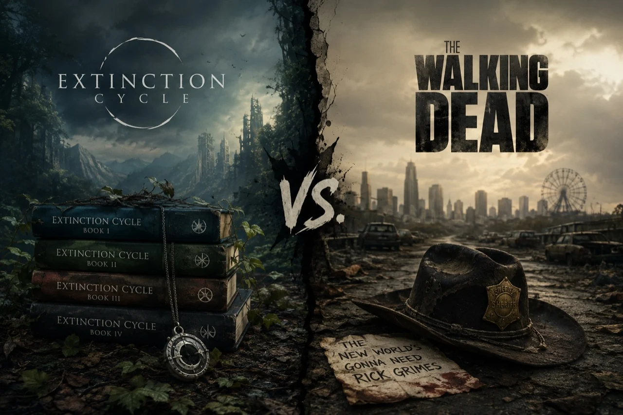 Unofficial split-world comparison artwork with Extinction Cycle books in an overgrown landscape opposite a ruined city and sheriff hat