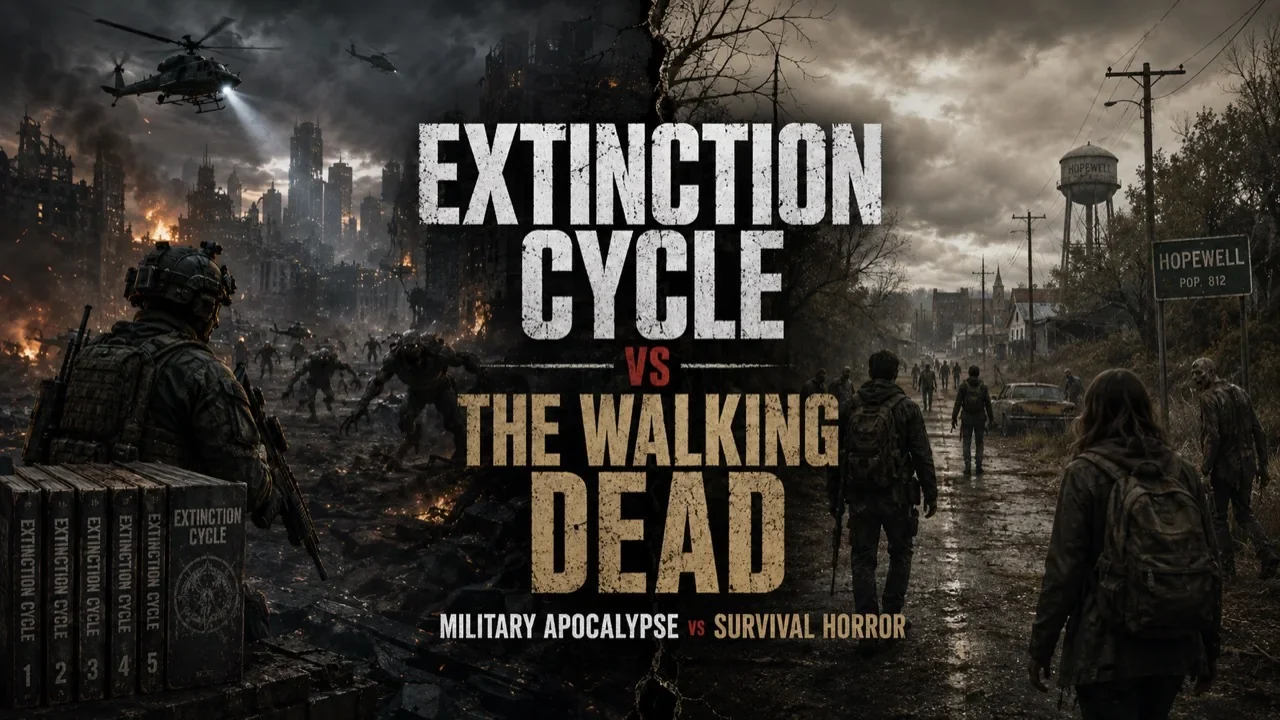 Unofficial split-scene comparison artwork showing military forces facing fast infected in a burning city and civilian survivors facing walkers near Hopewell