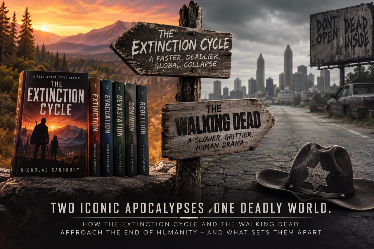 Unofficial comparison artwork with Extinction Cycle books and a mountain landscape opposite an abandoned city, sheriff hat and warning sign