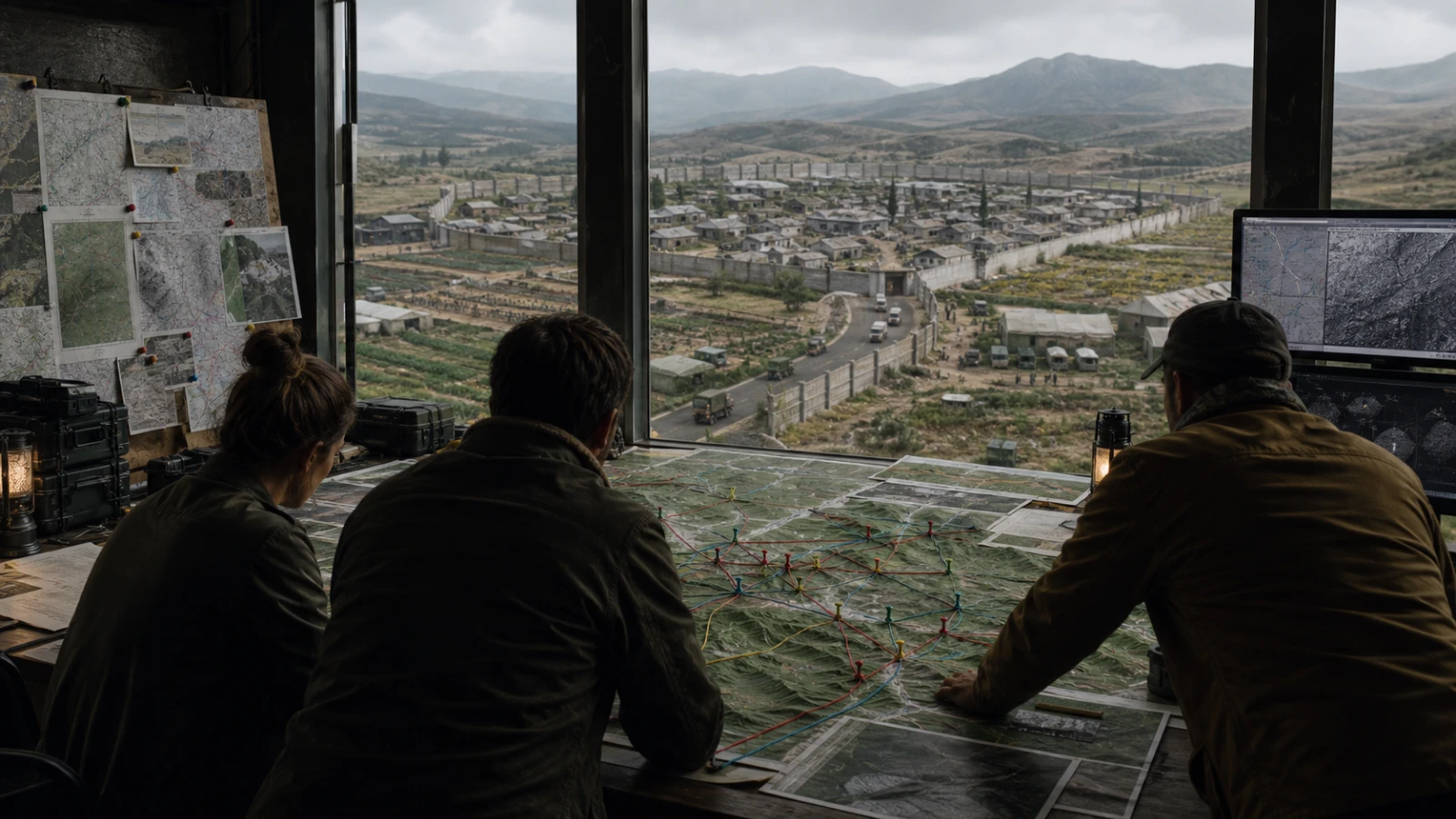 Three anonymous planners study a relief map inside a fortified outbreak logistics command post