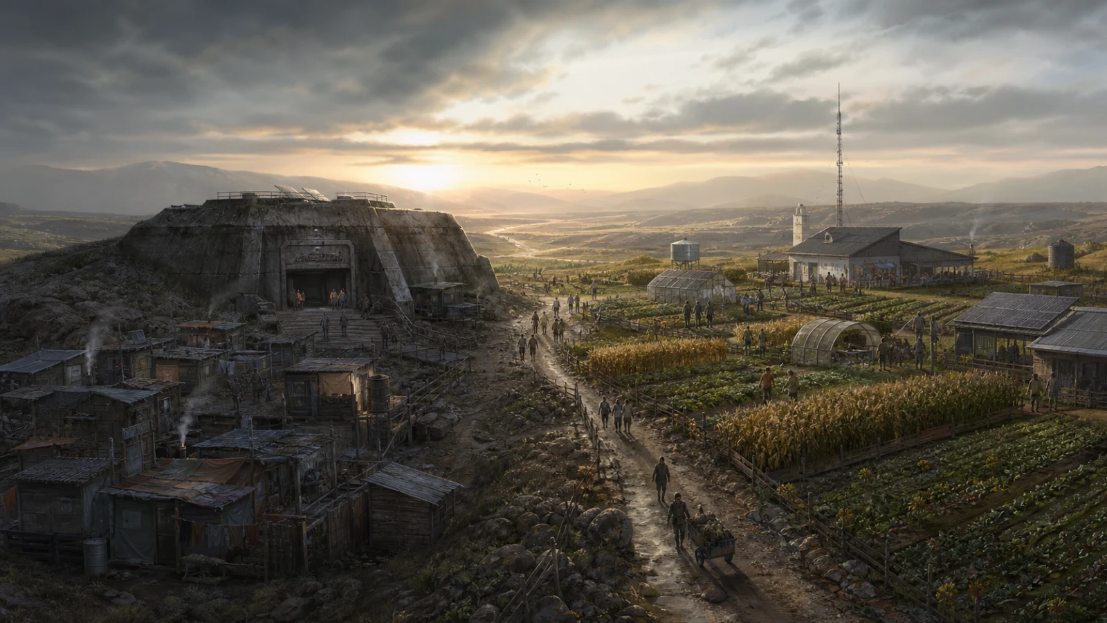 Two neighboring post-collapse communities rebuild around a concrete shelter and a network of farms and civic services