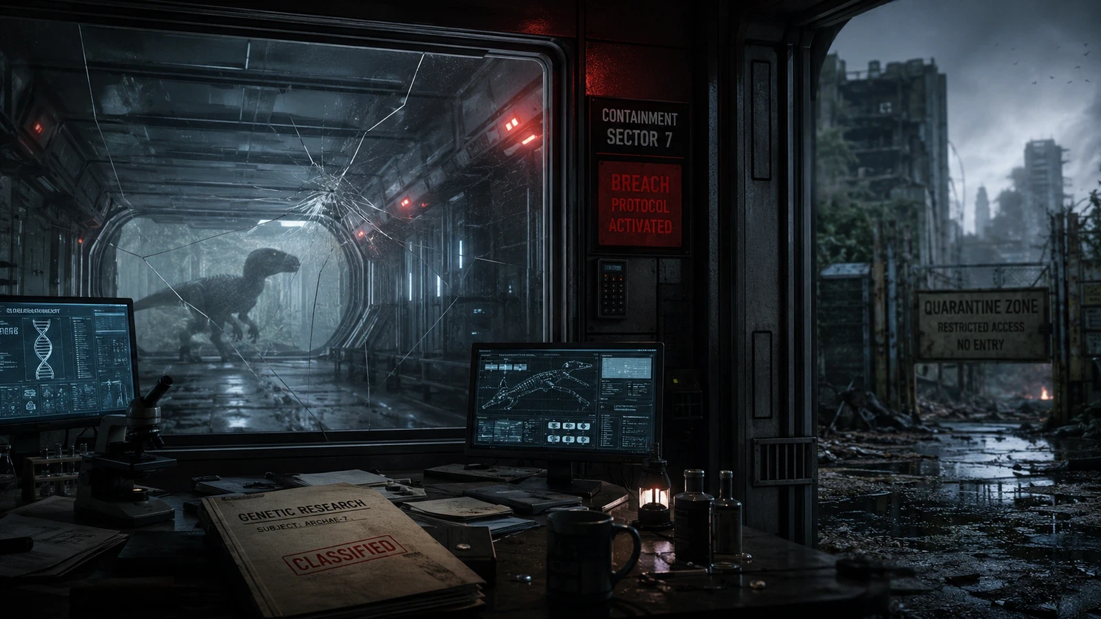 A generic high-security genetics laboratory faces a large contained reptilian predator during an emergency