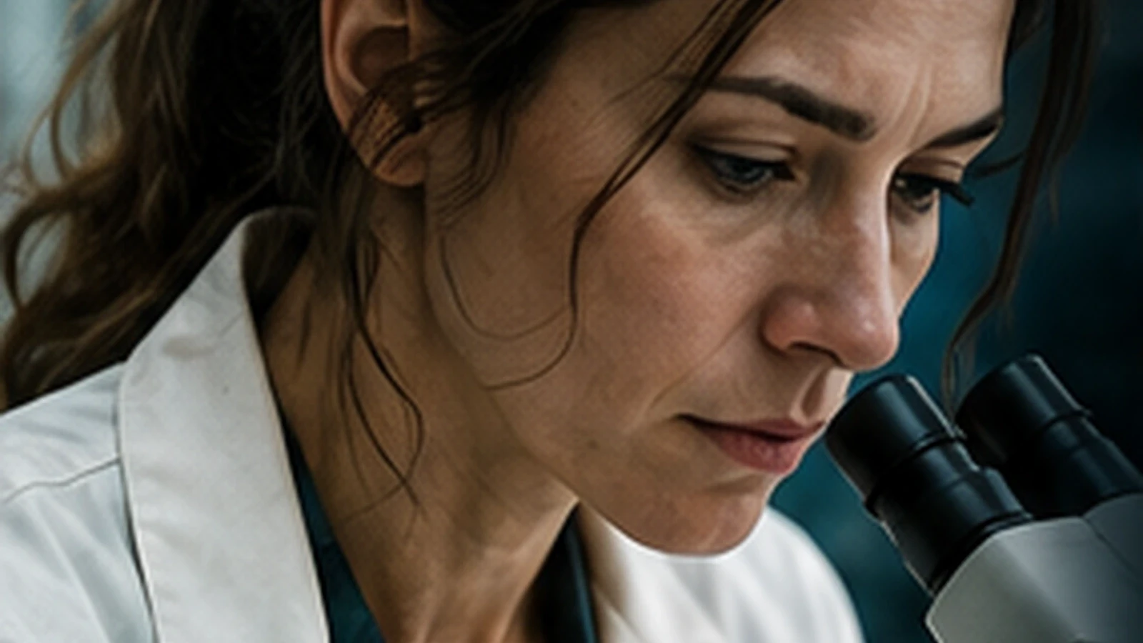 Unofficial editorial interpretation of a scientist studying a sample through a microscope in a secure laboratory