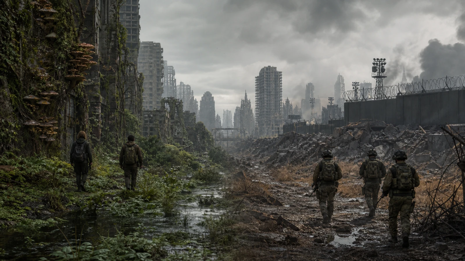 Two groups of original generic survivors cross a ruined city divided between fungal overgrowth and a militarized Variant outbreak