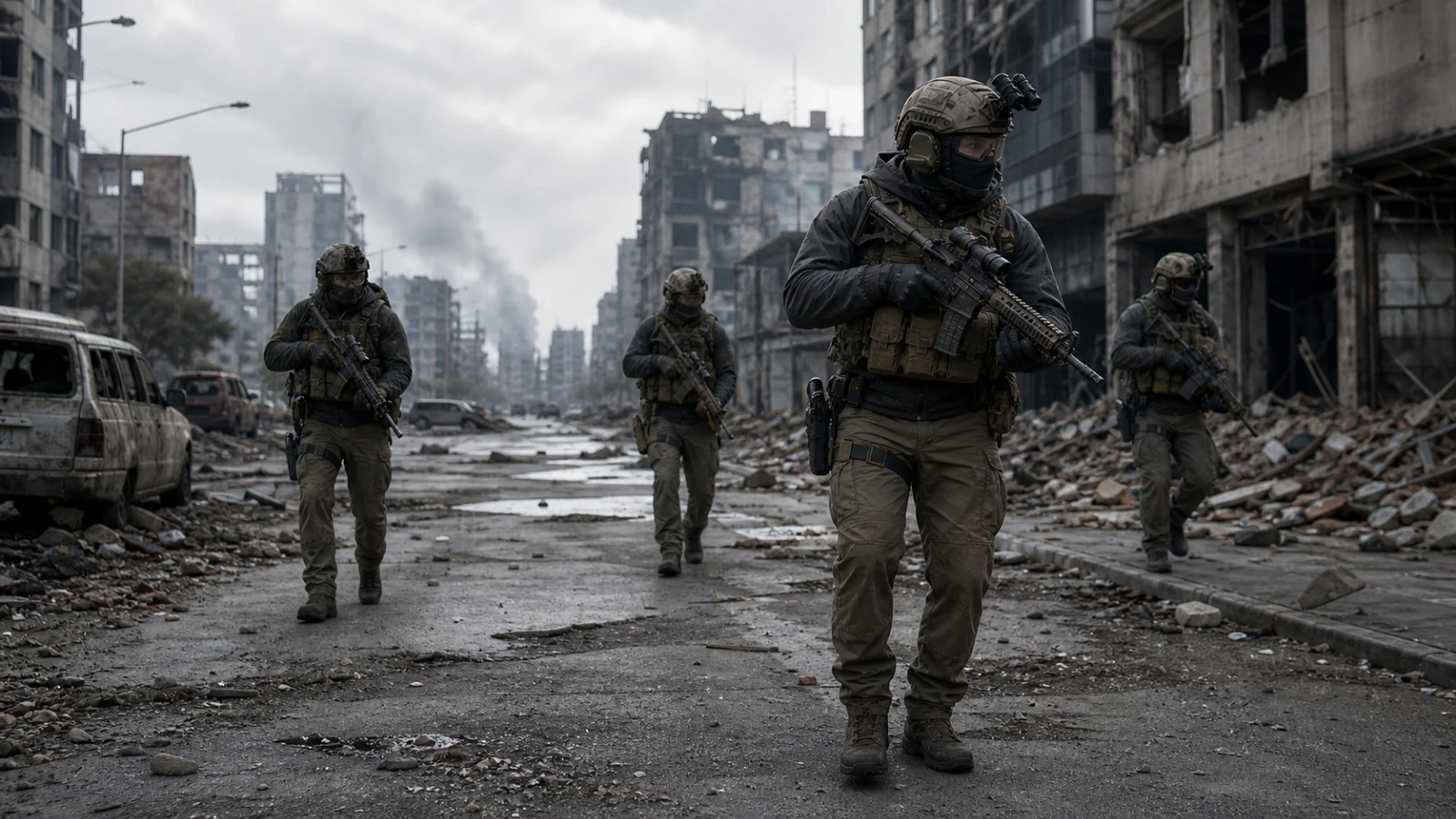 Generic special-operations soldiers advance through a ruined city while scanning for a fast infected threat