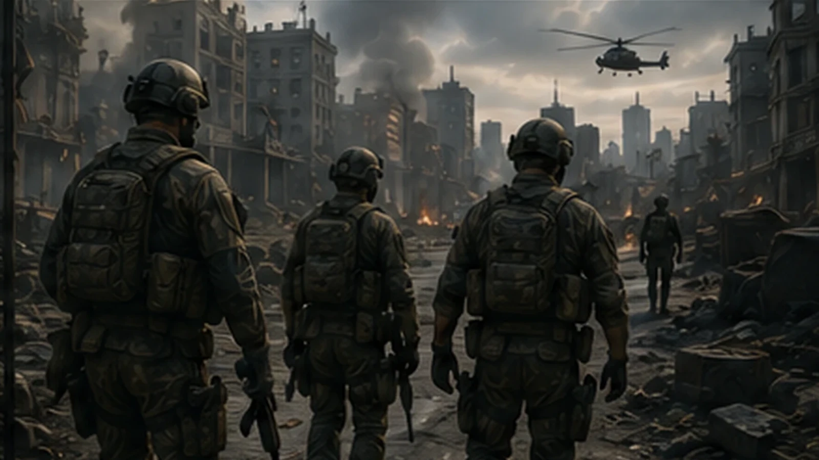 Generic Team Ghost operators cross a ruined battlefield under evacuation aircraft