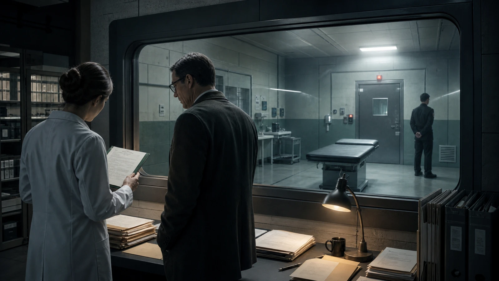 An anonymous scientist and independent observer review consent records outside an empty secure examination room