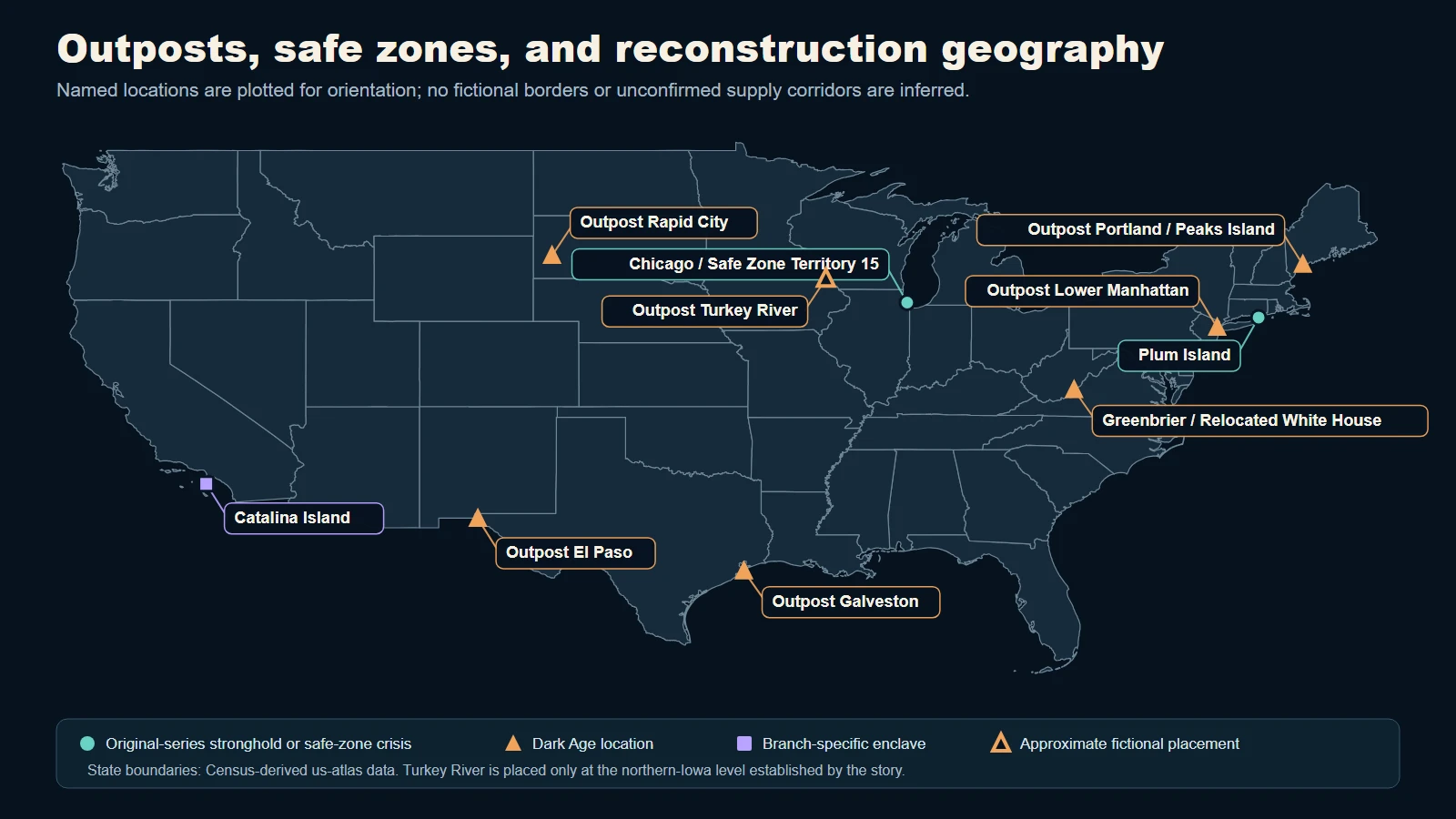 Map of named Extinction Cycle outposts, safe zones and reconstruction locations across the continental United States