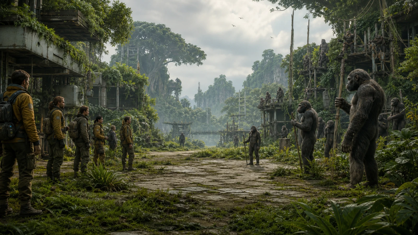 A human delegation and an original intelligent primate community face one another across a reclaimed overgrown city boundary