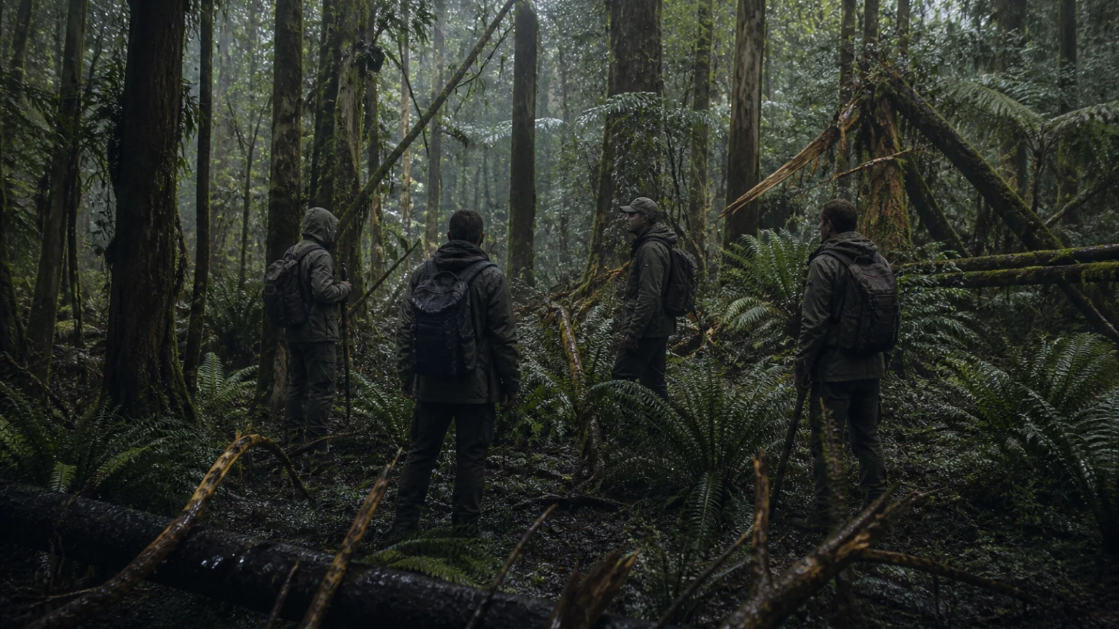 Four anonymous field-team members examine disturbed foliage in a rain-soaked forest