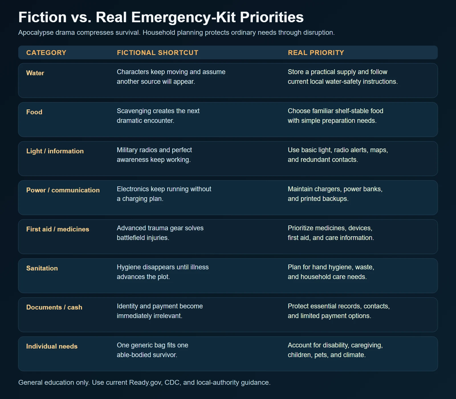 Comparison of eight fictional survival shortcuts with practical household emergency-kit priorities