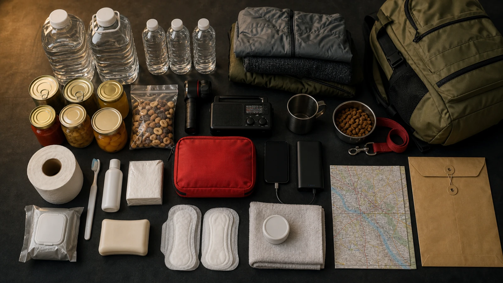 Practical unbranded household emergency supplies arranged on a dark tabletop
