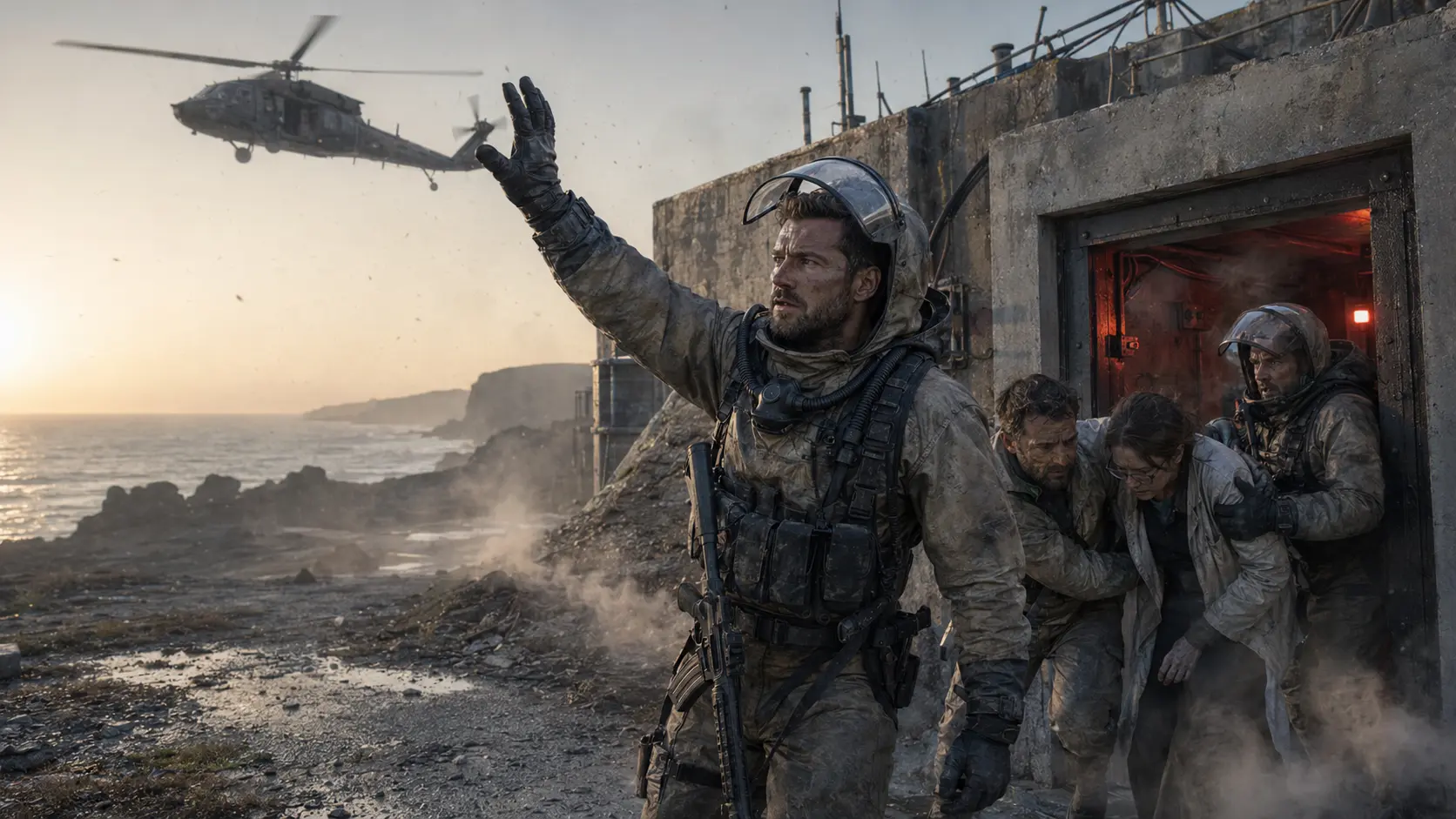 Reed Beckham signals a helicopter while guiding survivors away from a damaged underground laboratory