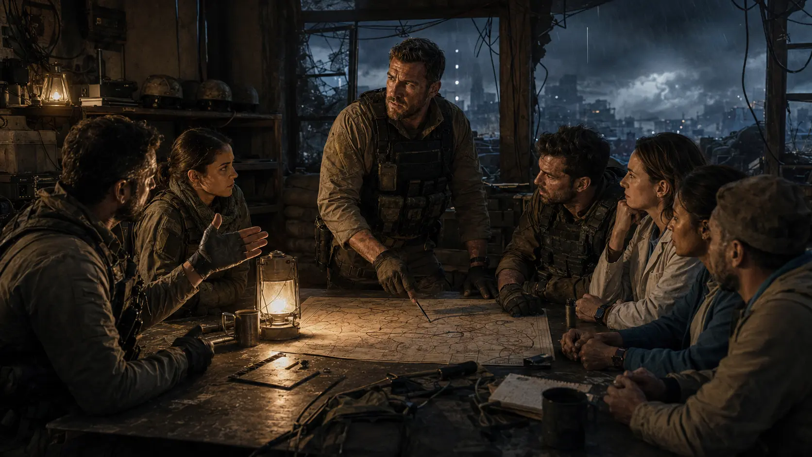 Reed Beckham gives an honest map briefing in a damaged operations room