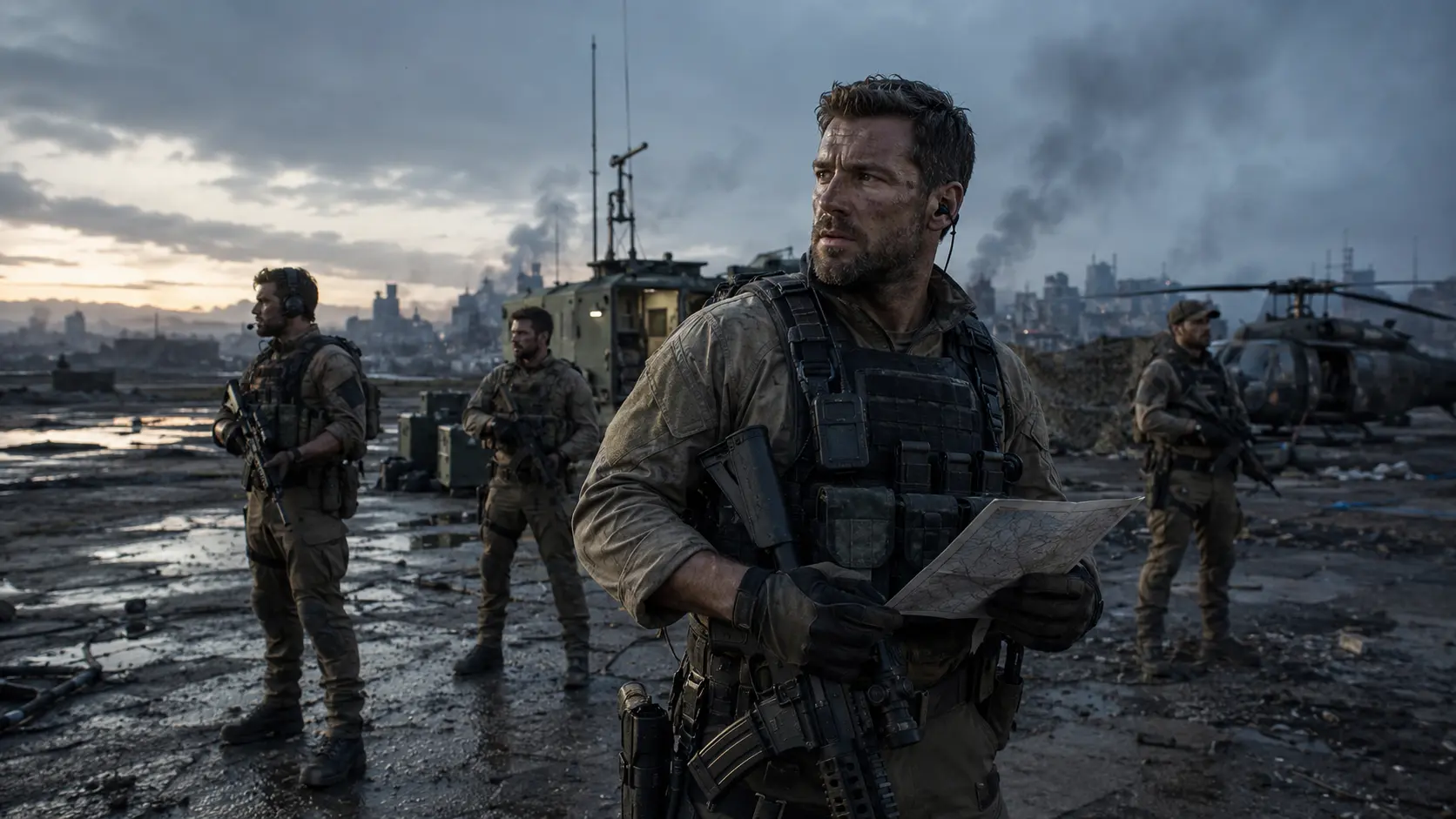 Reed Beckham studies a map while Team Ghost secures a ruined military airfield