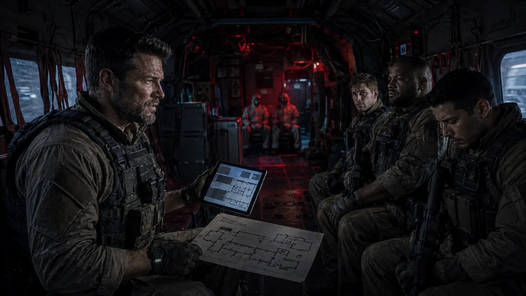 Reed Beckham briefs Team Ghost inside a dark aircraft with an incomplete facility plan