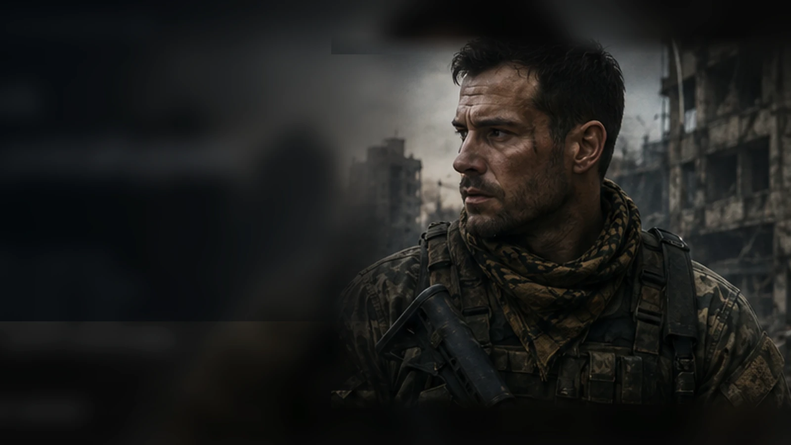 Unofficial editorial illustration of Reed Beckham in tactical gear overlooking a ruined city