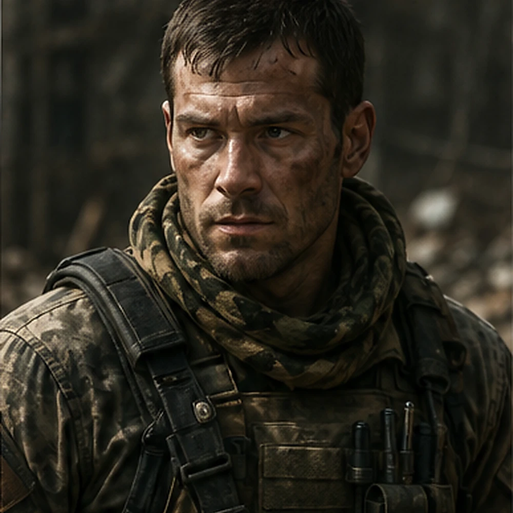 Unofficial editorial portrait of Reed Beckham in worn tactical gear after a mission