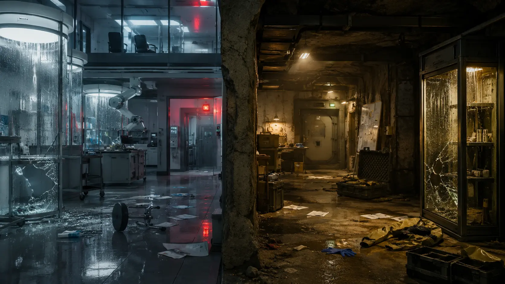 A pristine corporate biotechnology laboratory beside a worn classified military pathogen facility after containment failure