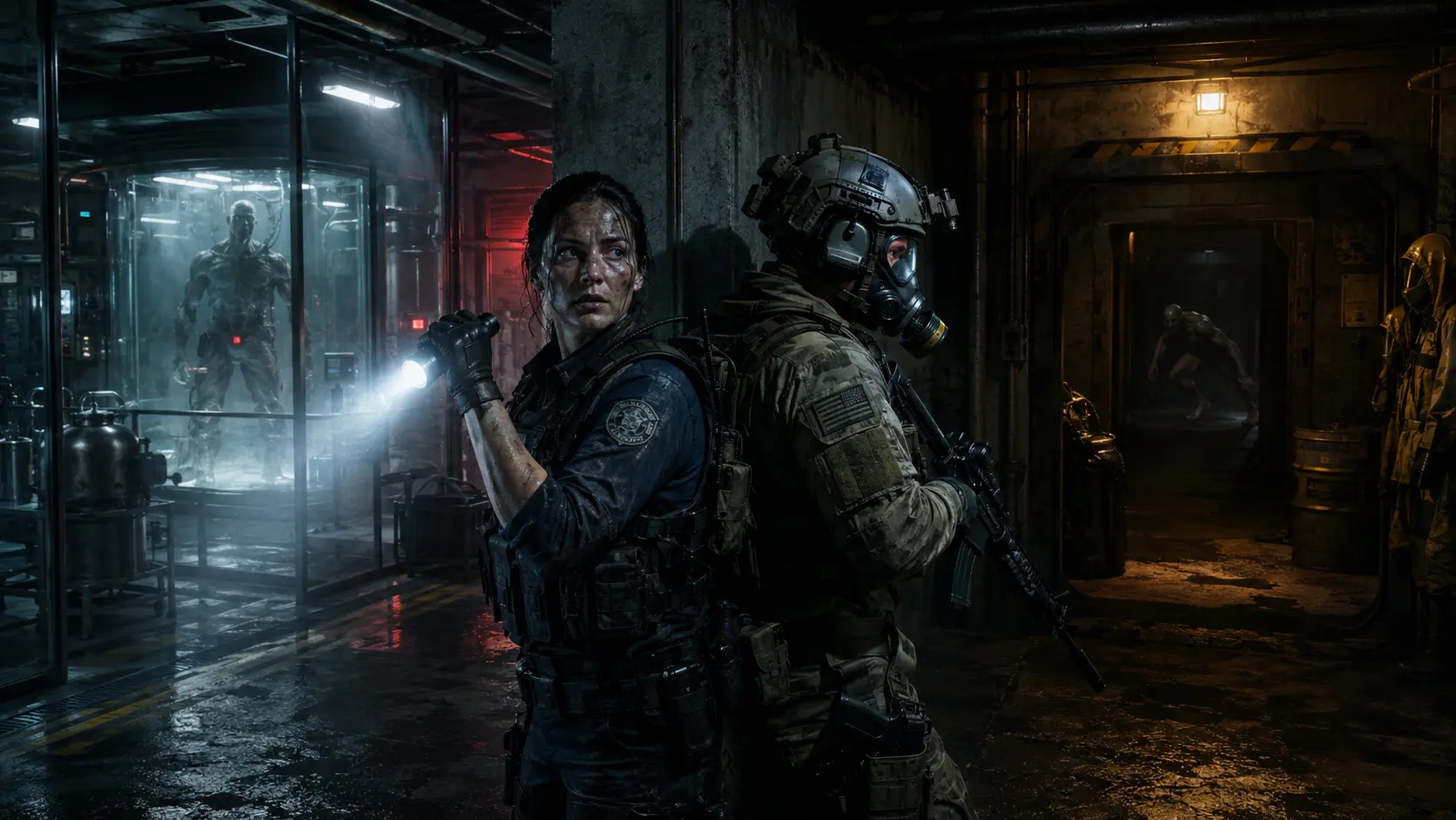 A police responder and military operator between a corporate bioweapon lab and a classified pathogen facility