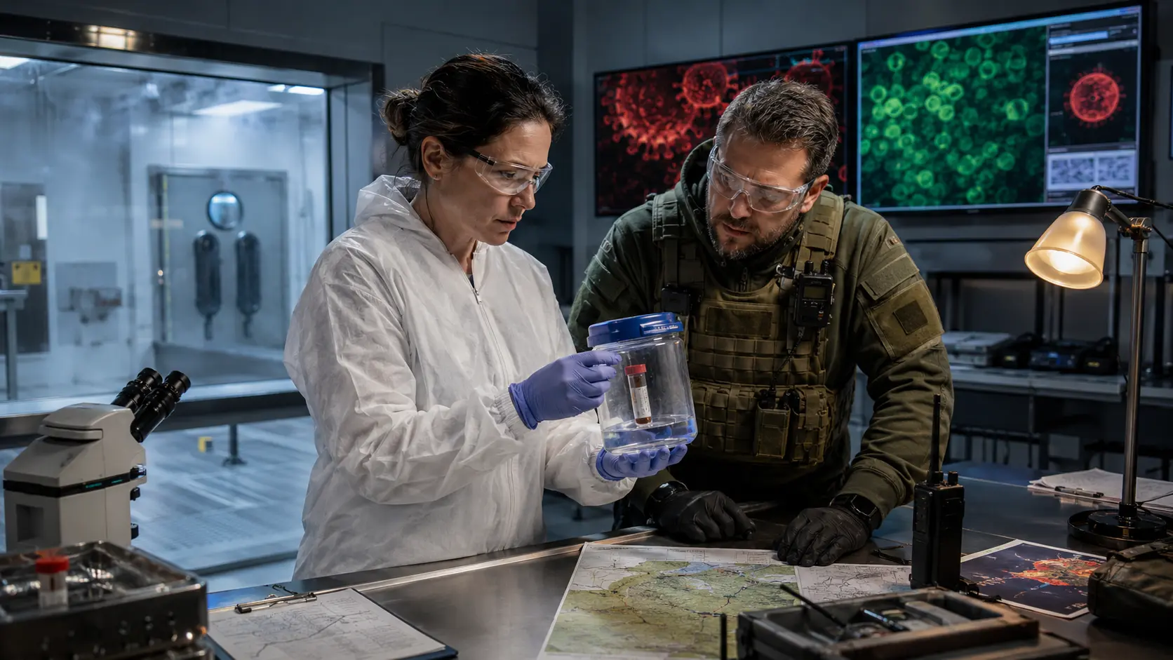 A virologist and military operator jointly examining a sealed pathogen sample in a high-containment command laboratory